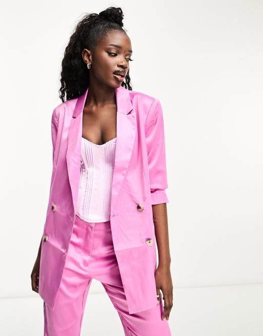 Pieces Co ord set van satijnen blazer en flare broek in roze ASOS