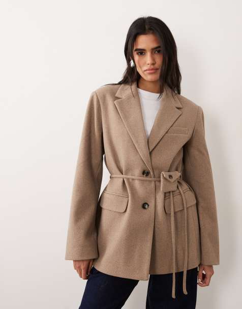 Pieces oversized blazer with cinched waist tie in beige melange - view 1