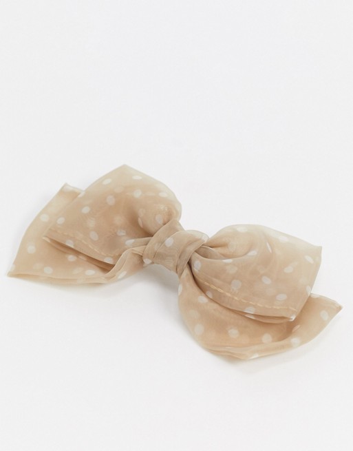 Pieces oversized bow hair clip in cream polka dot