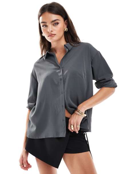 Pieces oversized boxy shirt in magnet gray - view 1