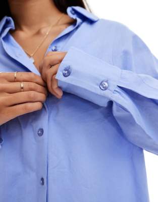 Pieces Oversized Casual Cotton Shirt In Blue