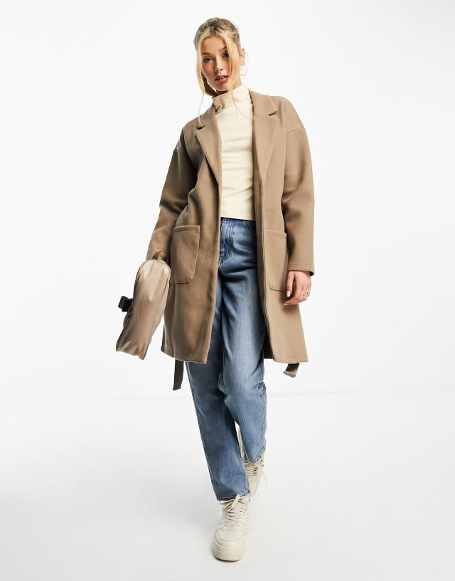 Pieces - oversized collar belted coat in camel