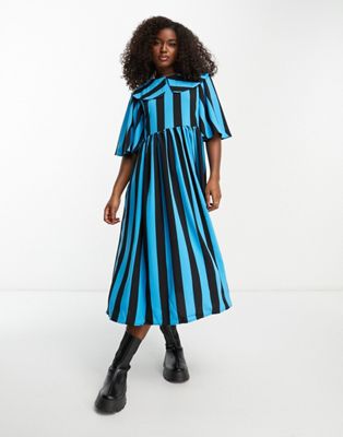 Pieces oversized collar detail midi dress in blue & black stripe