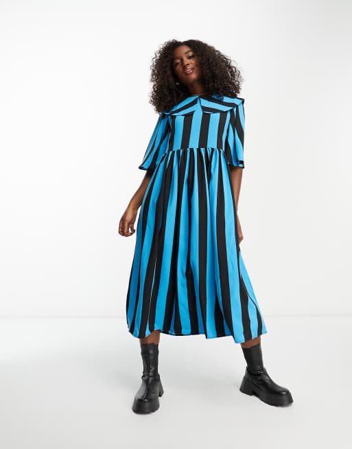 Pieces oversized collar detail midi dress in blue & black stripe | ASOS