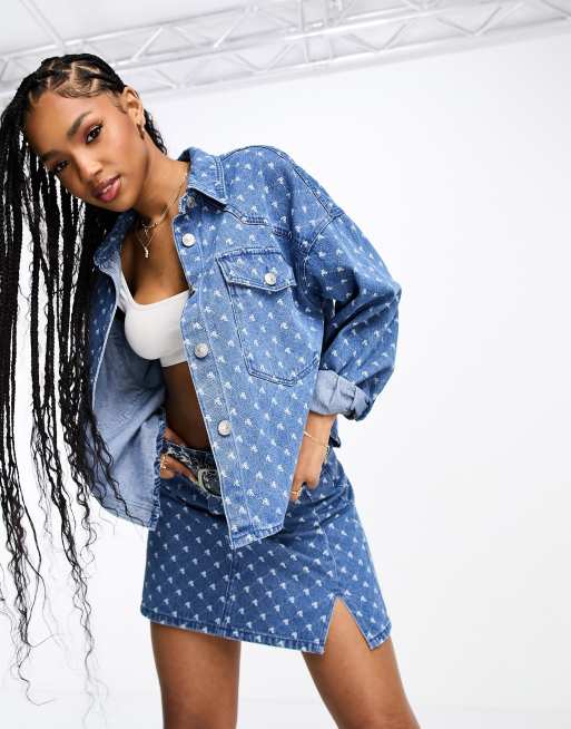 Pieces oversized denim shirt jacket co-ord in blue monogram