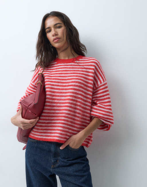 Pieces oversized flauschiger Strickpullover mit roten Streifen, 3 von 5