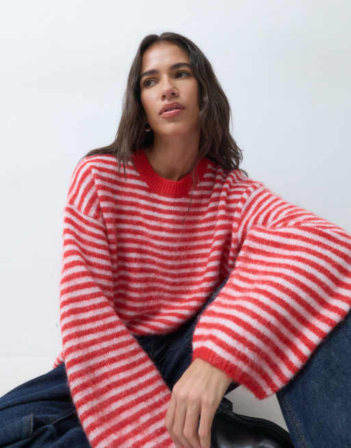 Pieces oversized fluffy knit jumper in red stripe, 4 of 5