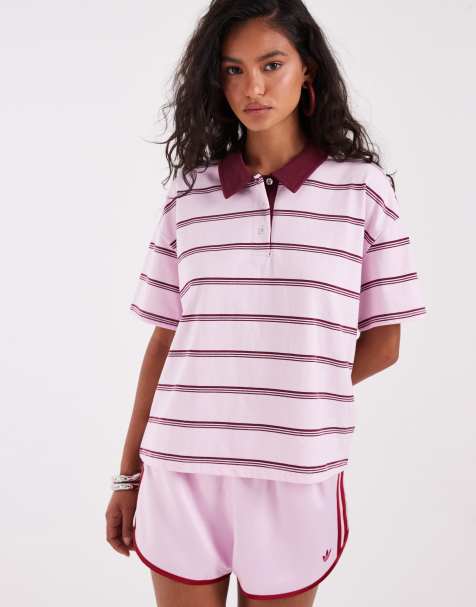 Pieces - Oversized gestreept poloshirt met korte mouwen in roze en bordeauxrood - view 1