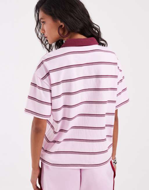 Pieces - Oversized gestreept poloshirt met korte mouwen in roze en bordeauxrood , 3 van 4