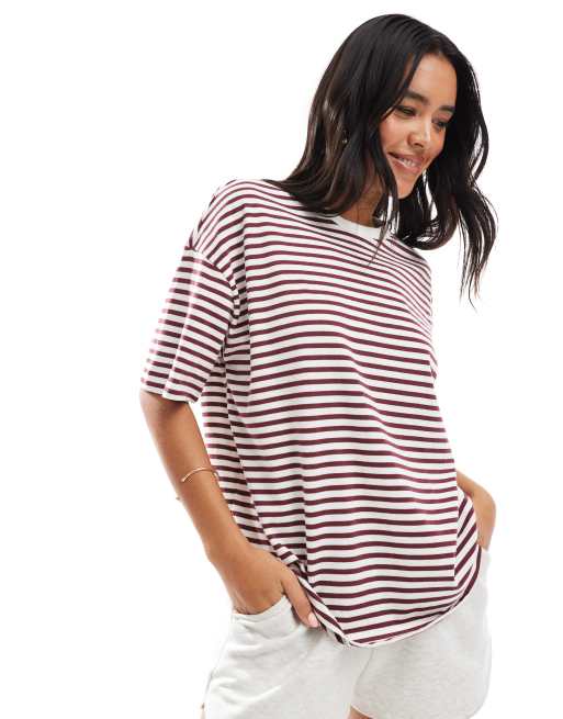 Pieces - Oversized gestreept T-shirt in bordeauxrood, 3 van 4