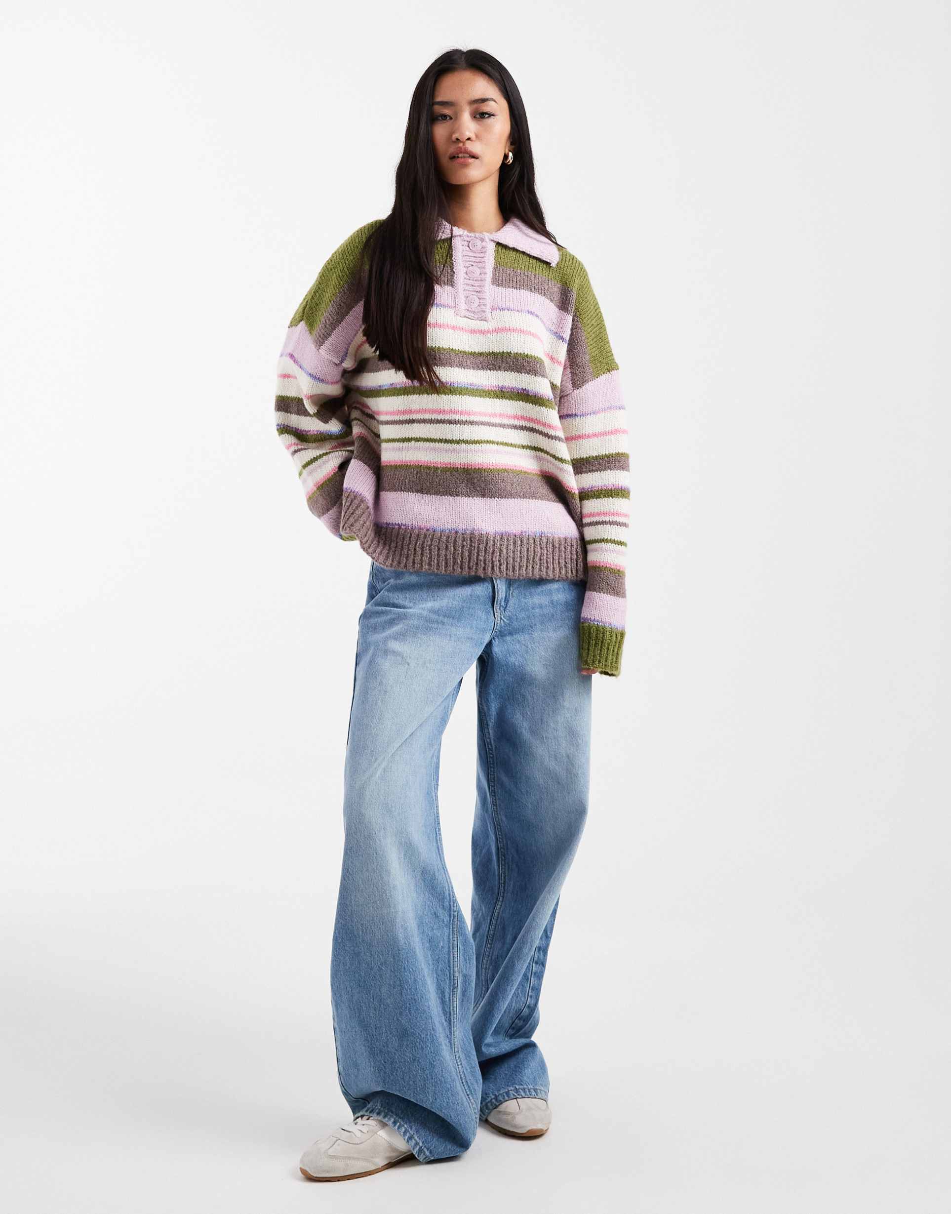 pieces oversized knit polo in pastel and khaki stripe