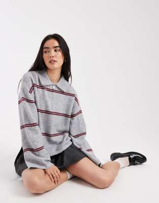 Pieces Oversized Knit Polo Shirt In Gray
