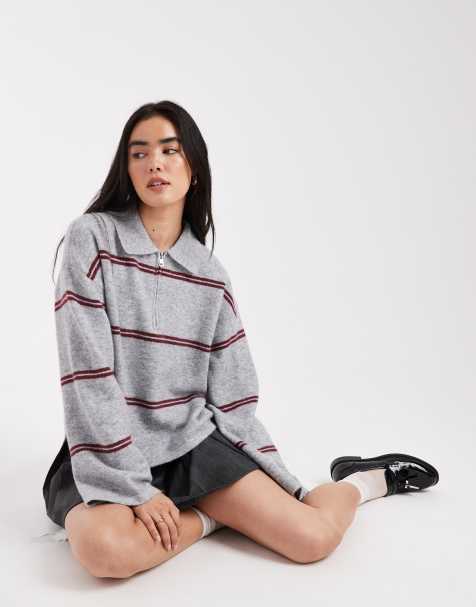 Pieces oversized knitted polo in light grey melange and burgundy stripe - view 1