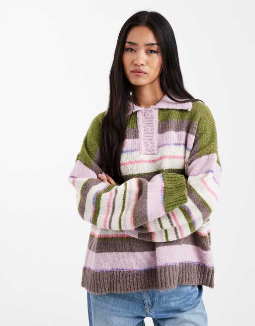 Pieces oversized knitted polo in pastel and khaki stripe, 2 of 4