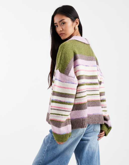 Pieces oversized knitted polo in pastel and khaki stripe, 3 of 4