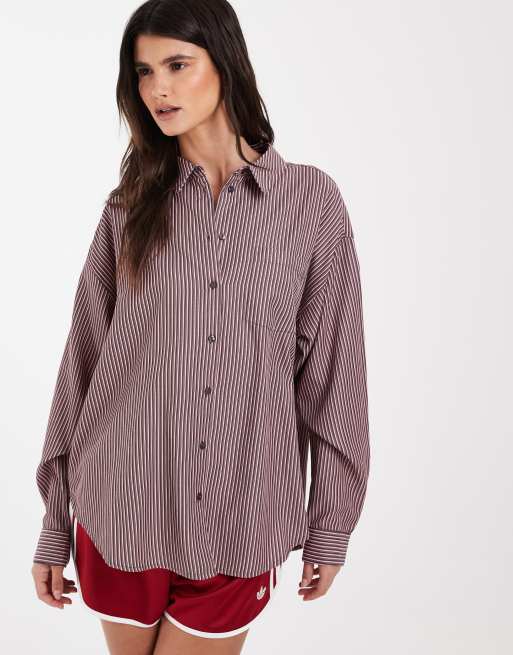 PIECES oversized long sleeve shirt in pink and brown stripes, 2 of 4