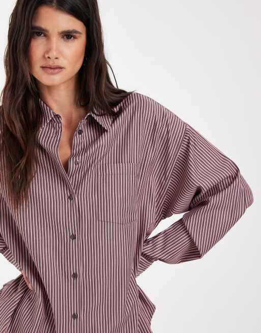 PIECES oversized long sleeve shirt in pink and brown stripes, 3 of 4