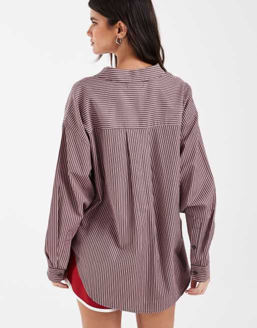 PIECES oversized long sleeve shirt in pink and brown stripes, 4 of 4