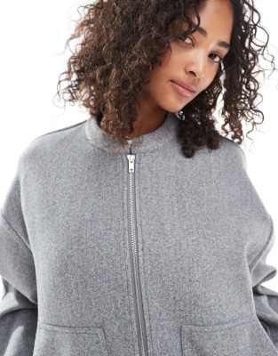 Pieces Oversized Longline Zip Bomber Jacket In Gray
