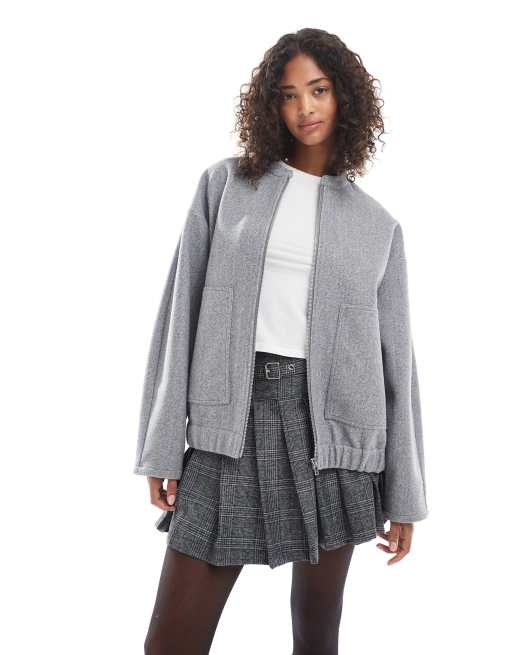 Pieces oversized longline zip bomber jacket in gray
