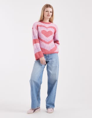 Pieces Oversized Love Heart Print Sweater In Pink