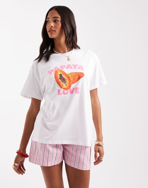 Pieces - Oversized og hvid T-shirt med 'Papaya Love'-print - view 1