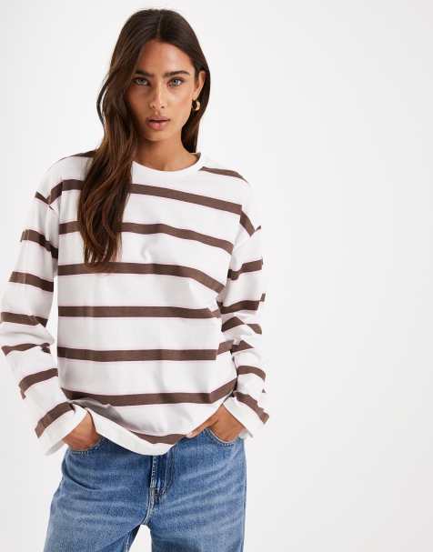 PIECES - Oversized og langærmet T-shirt med chokoladebrune/multifarvede rugbystriber - view 1