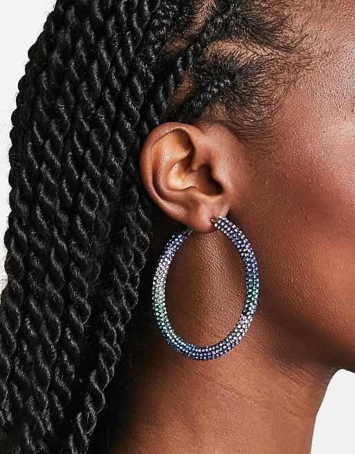 Pieces oversized rhinestone hoops in blue