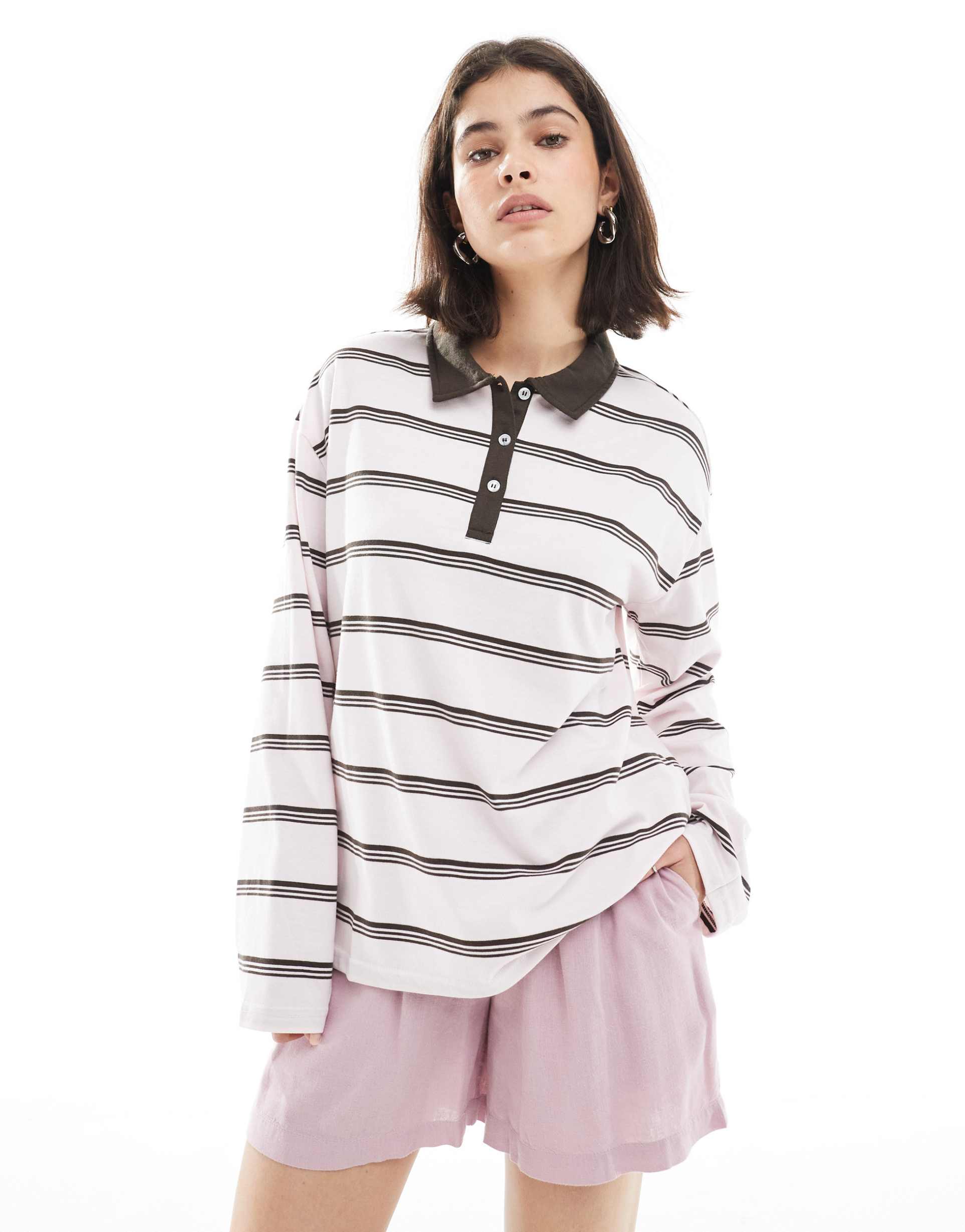 pieces oversized rugby polo shirt in pink and brown stripes