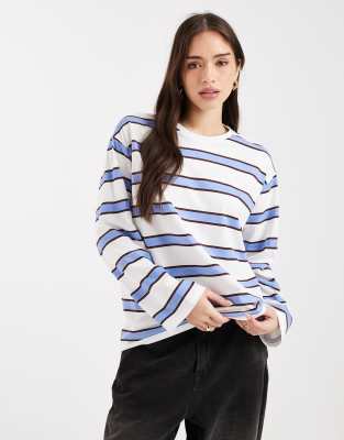 Pieces Oversized Rugby Stripe Long Sleeve T-shirt In Blue