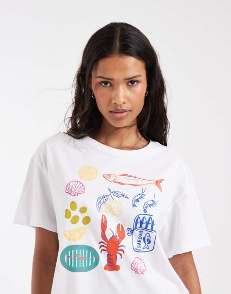 PIECES oversized seaside graphic T-shirt in white - view 1