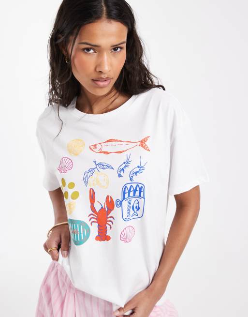 Pieces oversized seaside graphic t-shirt in white, 4 of 4