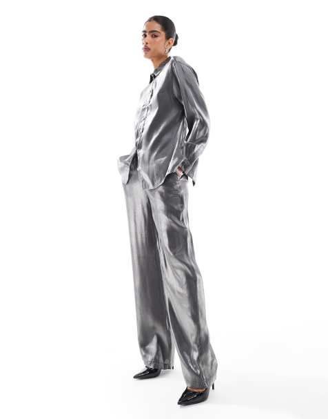 Pieces oversized shirt and trouser co-ord in metallic grey - view 1