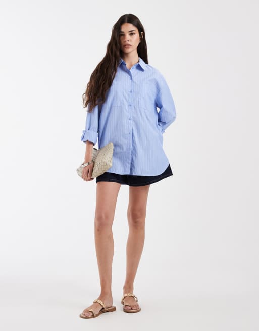 Pieces oversized shirt in blue and white stripe, 2 of 4