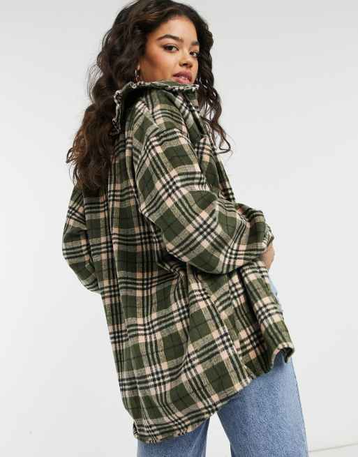 Pieces oversized shirt with prairie collar in green check, 2 of 4