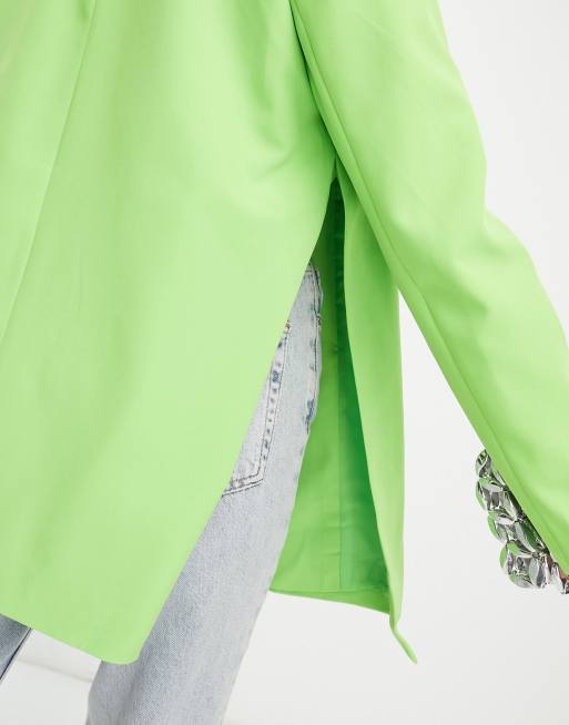 Pieces oversized side split blazer co-ord in bright green, 3 of 4