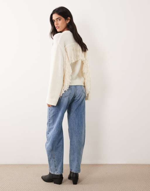 Pieces oversized strikket trøje med frynser i creme, 3 af 4