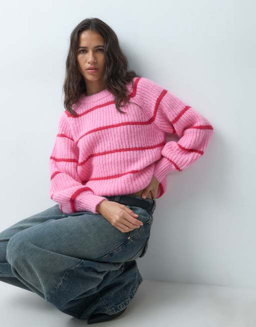 Pieces oversized strikket trøje med struktur i pink og røde striber, 2 af 5