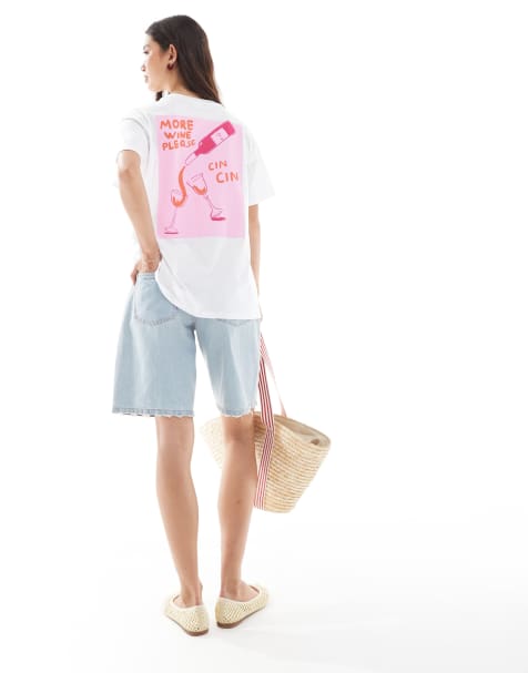 Pieces - Oversized T-shirt met 'Cin Cin 'print in wit - view 1