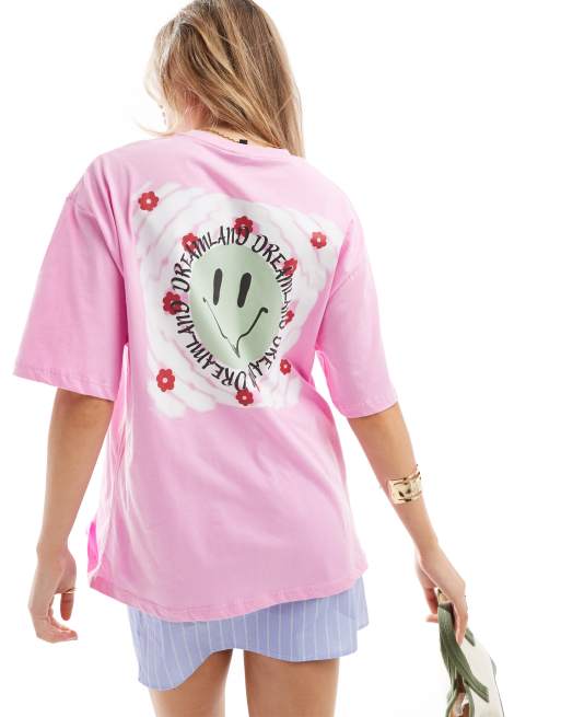 Pieces - Oversized T-shirt met golvende gezichtsprint op de achterkant in roze
