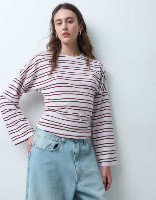 Pieces oversized T-shirt met lange mouwen en taille-detail in orchid ice stripe, 1 van 4
