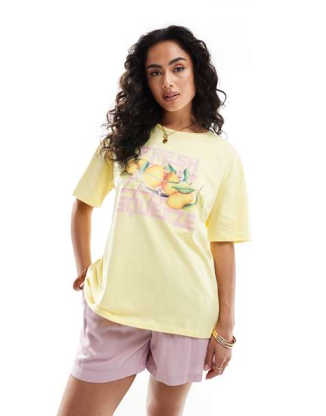 Pieces oversized t-shirt with fresh squeeze graphic in yellow - view 1