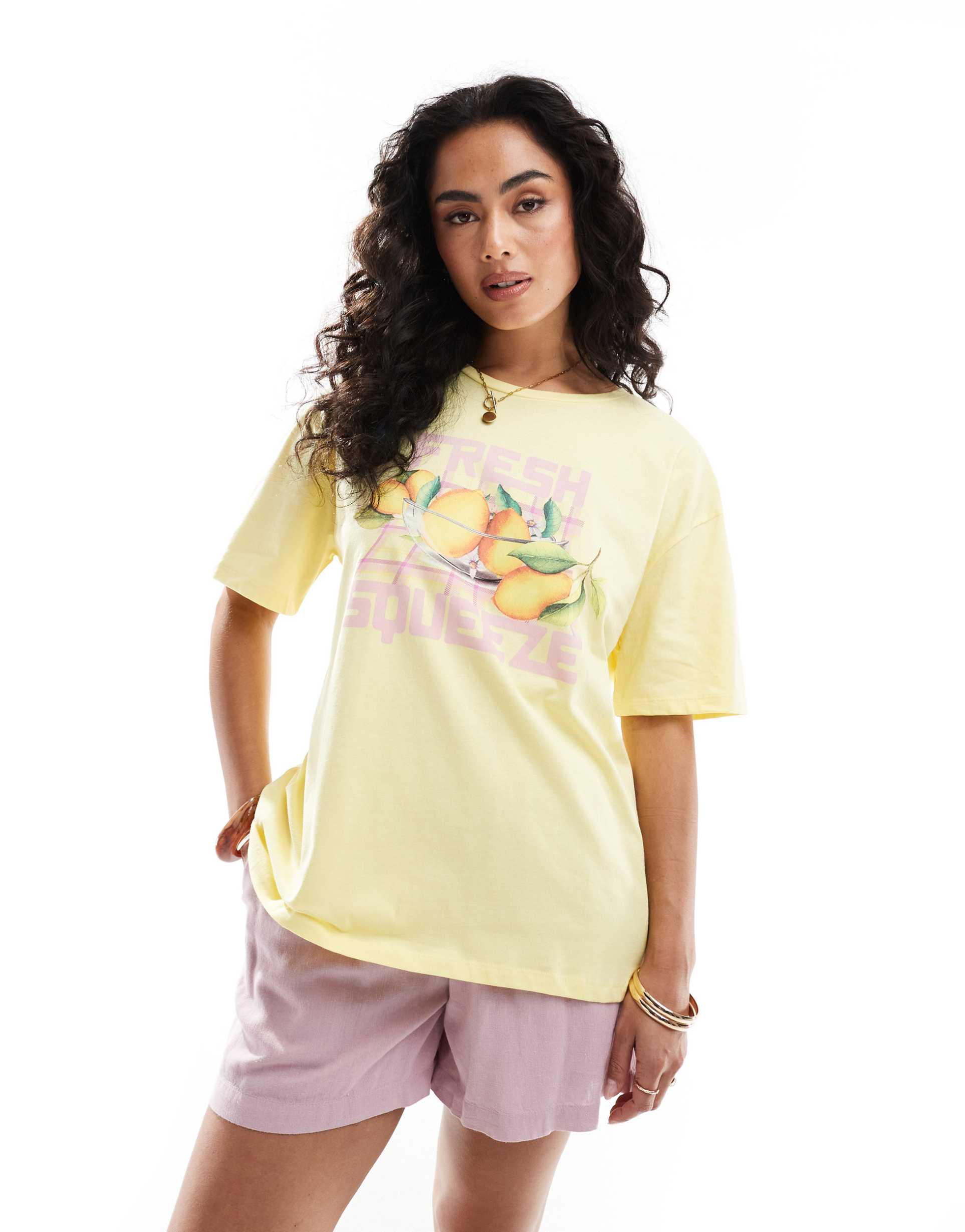 pieces oversized t-shirt with fresh squeeze graphic in yellow