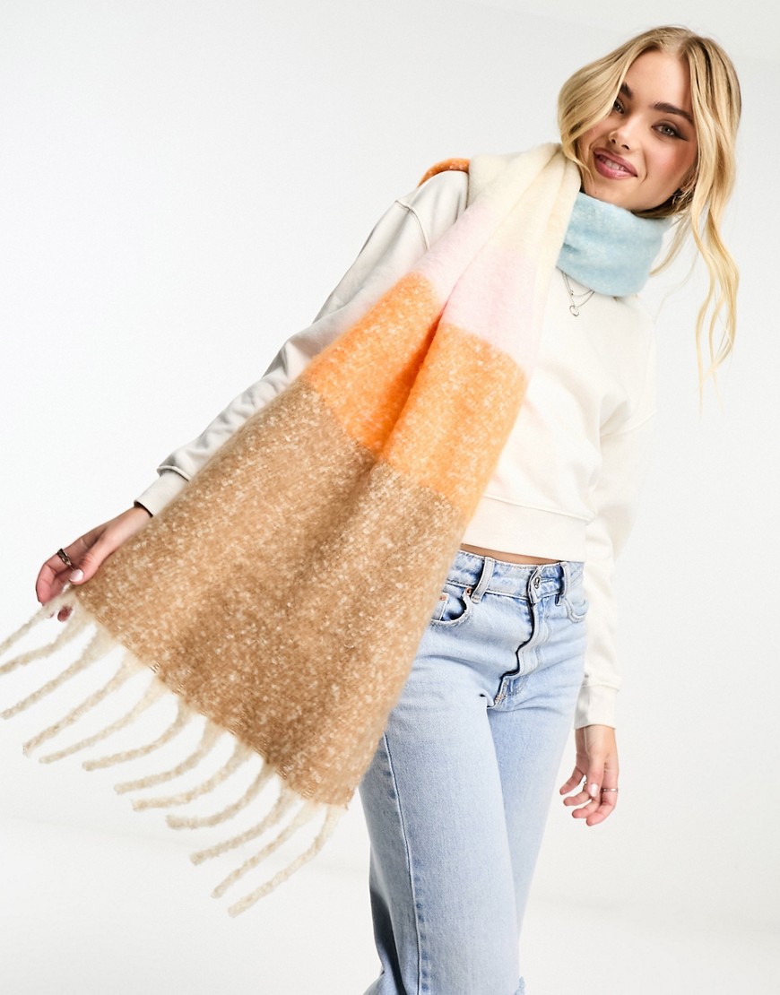 Pieces oversized tassel scarf in multi colourblock