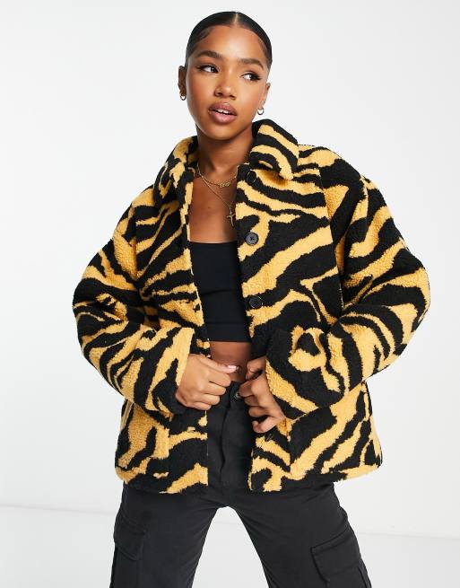 Pieces oversized teddy jacket in tiger print | ASOS