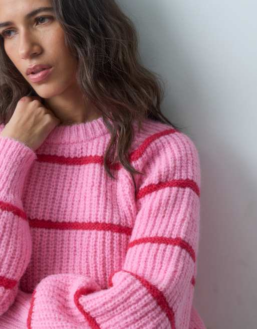 Pieces oversized textured knitted jumper in pink and red stripe, 4 of 5
