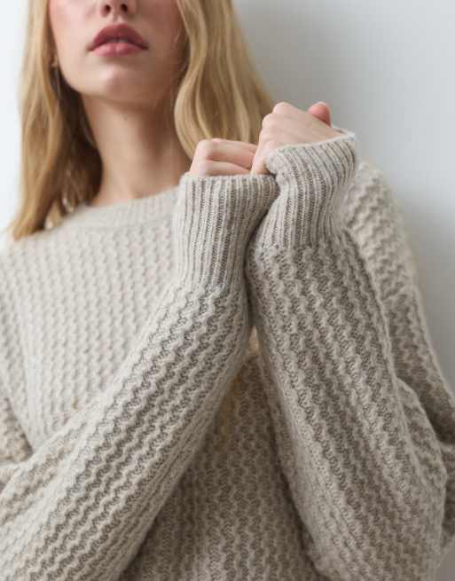 Pieces oversized textured knitted mini dress in cream melange, 2 of 4