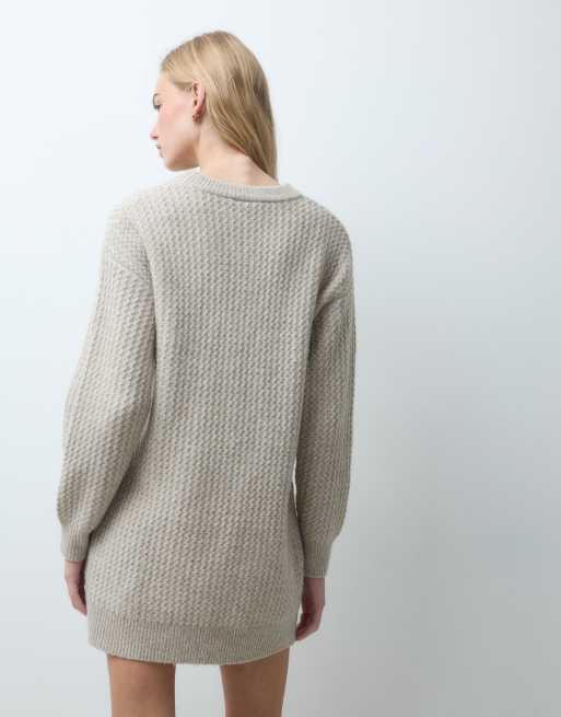 Pieces oversized textured knitted mini dress in cream melange, 4 of 4