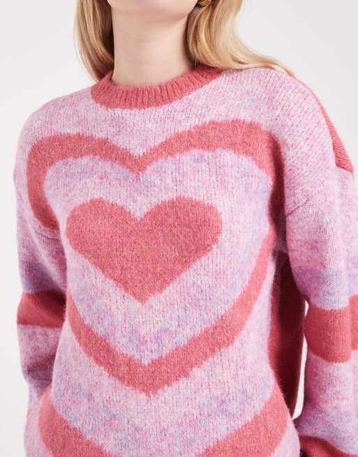 Pieces - Oversized trui met hartpatroon in roze, 3 van 4