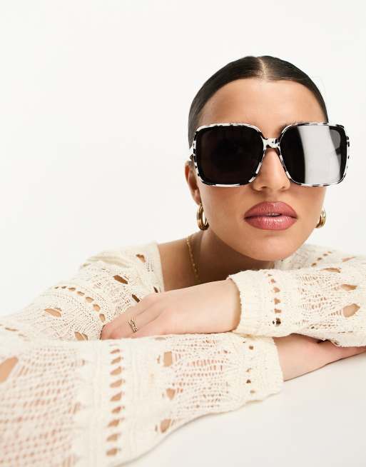 Pieces - Oversized vierkante zonnebril in zwart en wit tortoise